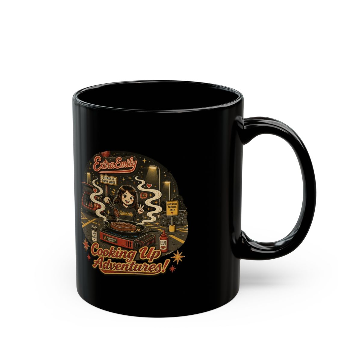 ExtraEmily "Cooking Up Adventures!" Black Mug